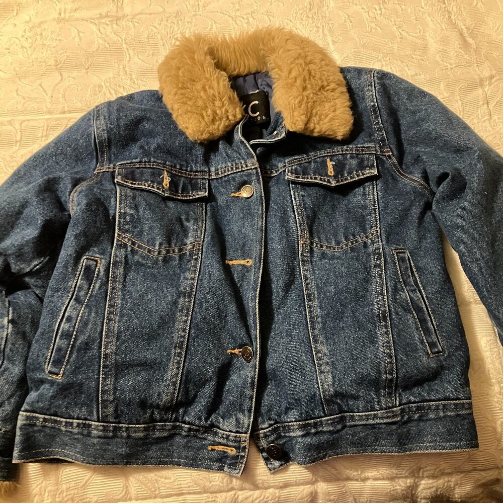 KC Blue Jean Jacket with lining and faux fur, lots of pockets, great condition